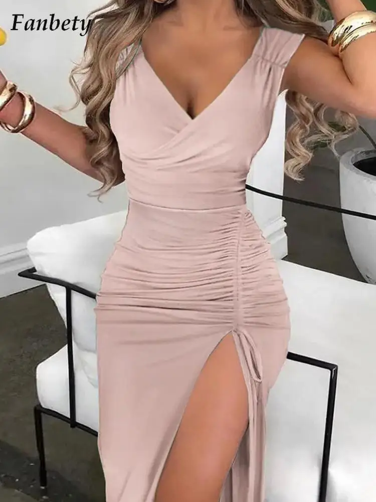 

Женское Модное Длинное Платье с V-образным вырезом и высоким разрезом, летнее повседневное приталенное платье на завязках, женское элегантн...