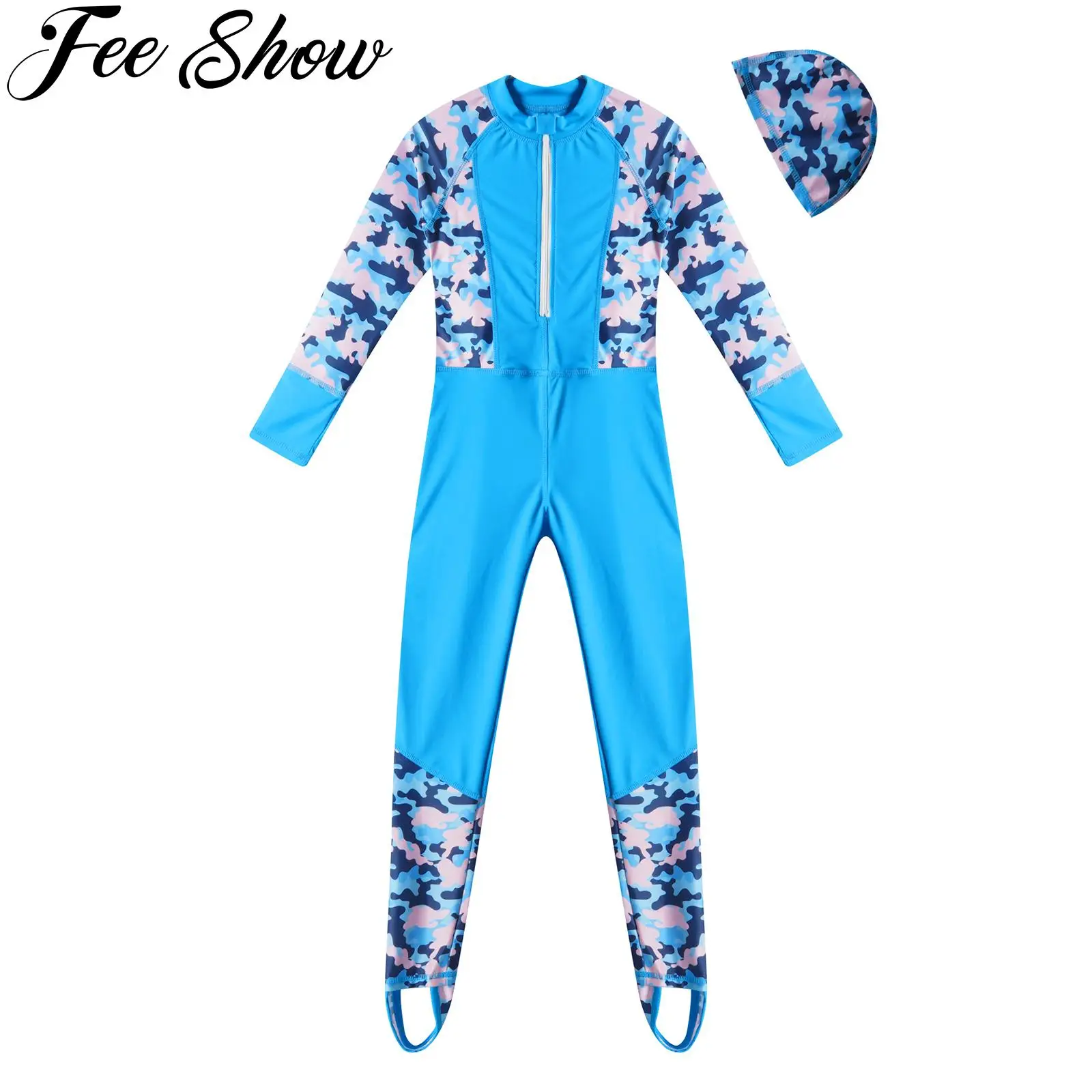 

4-16 Years Kids Girls Swimsuit Long Sleeve Zipper Front Holder Fastened Foot One Piece Swim Jumpsuit with Hat Beachwear Outfit
