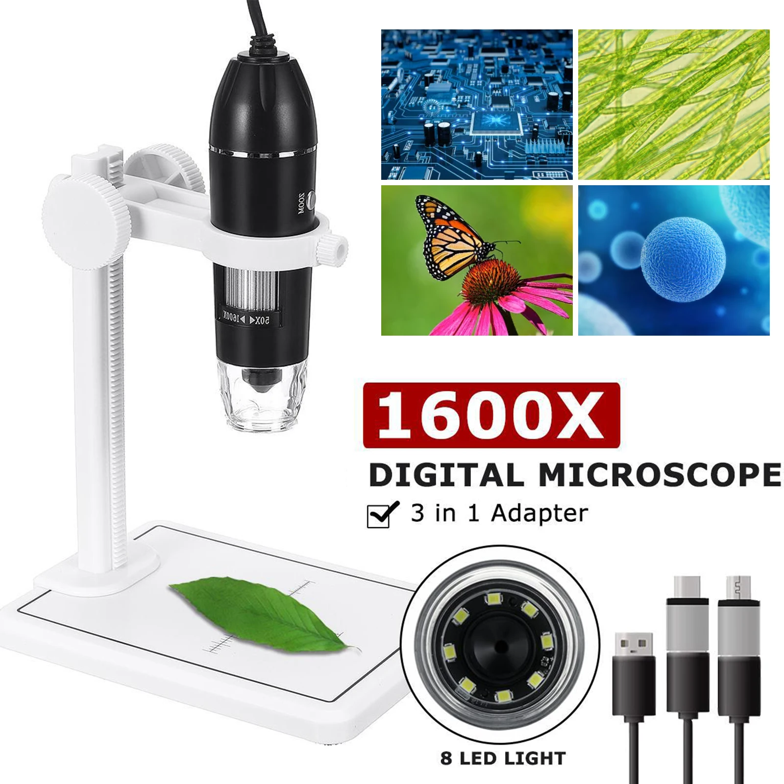 

3 In 1 USB Digital Microscopes 1600X8LEDs 2MP Electronic Microscope Endoscope Zoom Camera Magnifier For Soldering MAC Android PC
