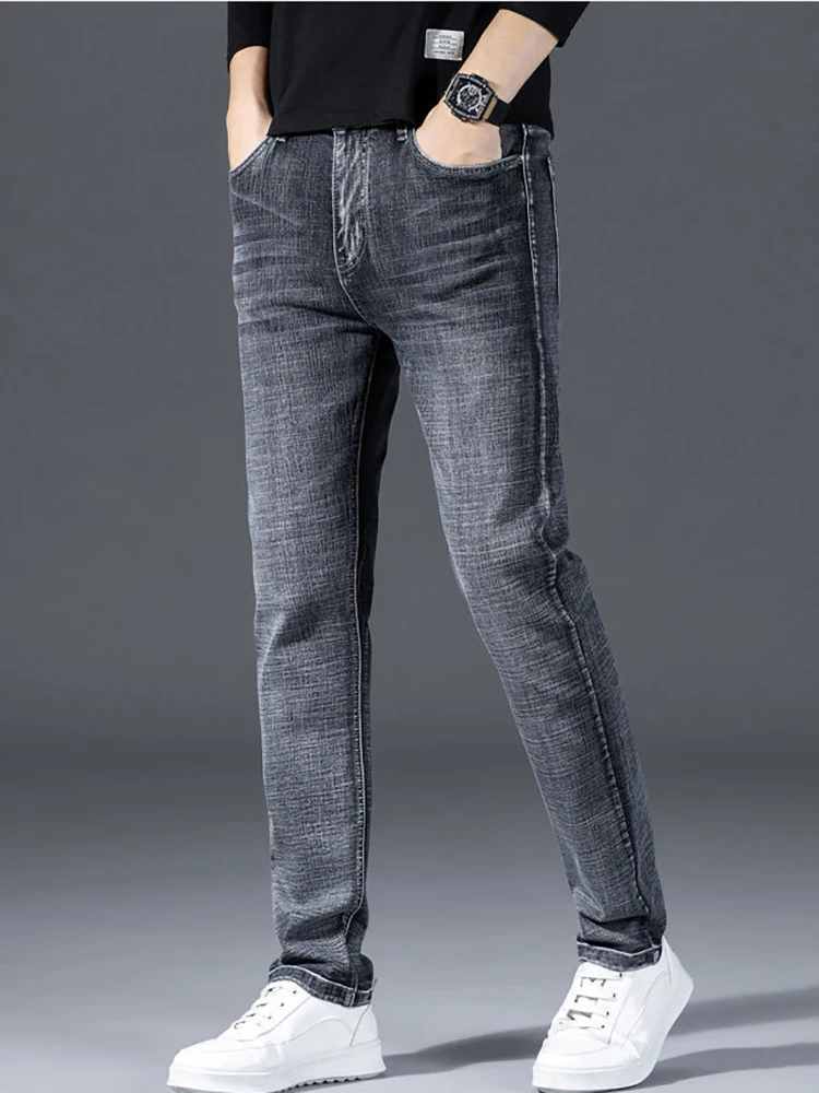 

2023 New Fashion Brand Slim Gray Blue Skinny Jeans Men Business Casual Classic Cotton Trend Elastic Youth Pencil Denim Trousers