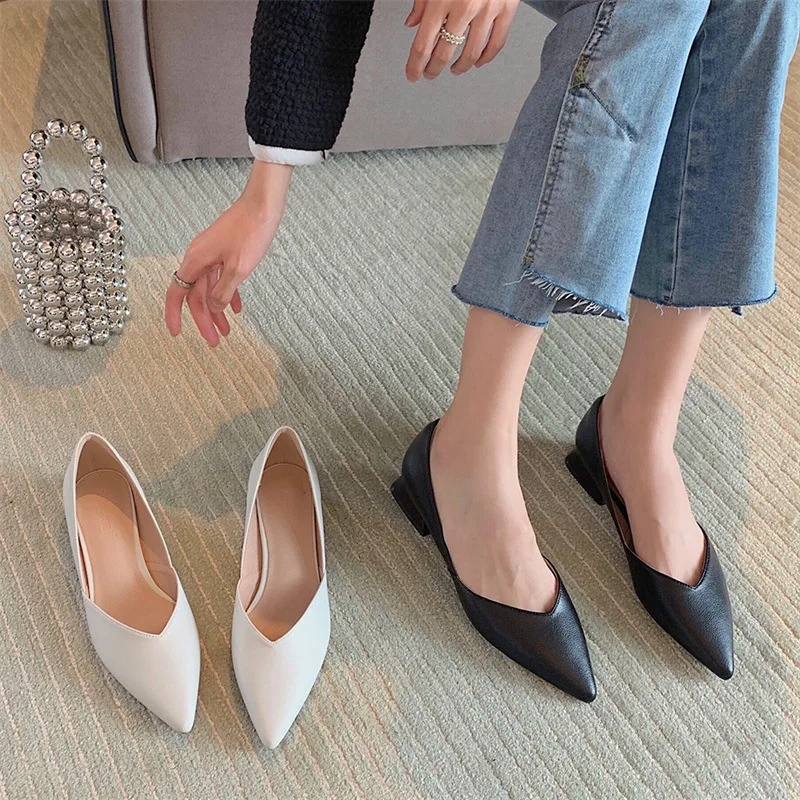 Ladies High Heels  Sandals PU Solid Color Pointed Toe Pumps Non Slip    Thick   Women Shoes