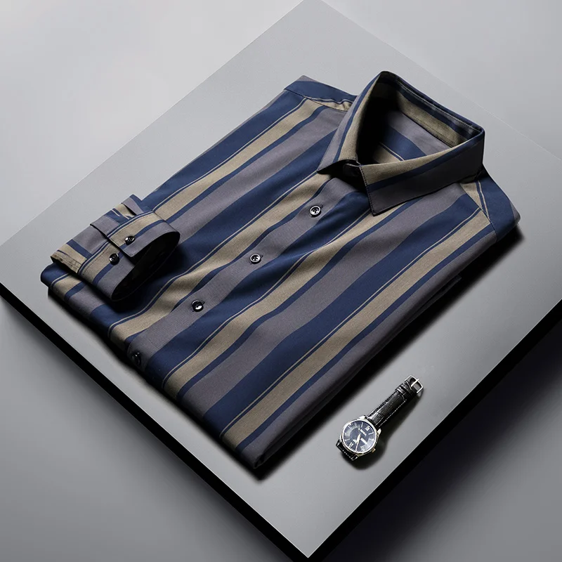 

Рубашка мужская с длинными рукавами, деловая модная Длинная Сорочка в полоску, роскошный цвет, повседневная в Корейском стиле, осень-весна
