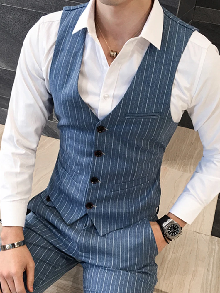 Left ROM Size S-5XL New Men's Fashion Boutique Cotton Stripe Wedding Dress Suit Vests Male Slim Stripe Business Vest waistcoat