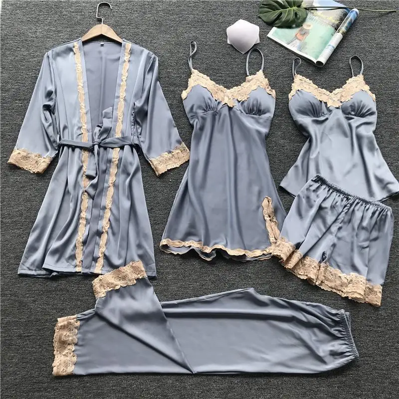 

Satin V-Neck Sleepwear Five Pieces Sleep Set Summer Home Clothes Lounge Wear Women Pajamas Suit Lace Patchwork Nightwear