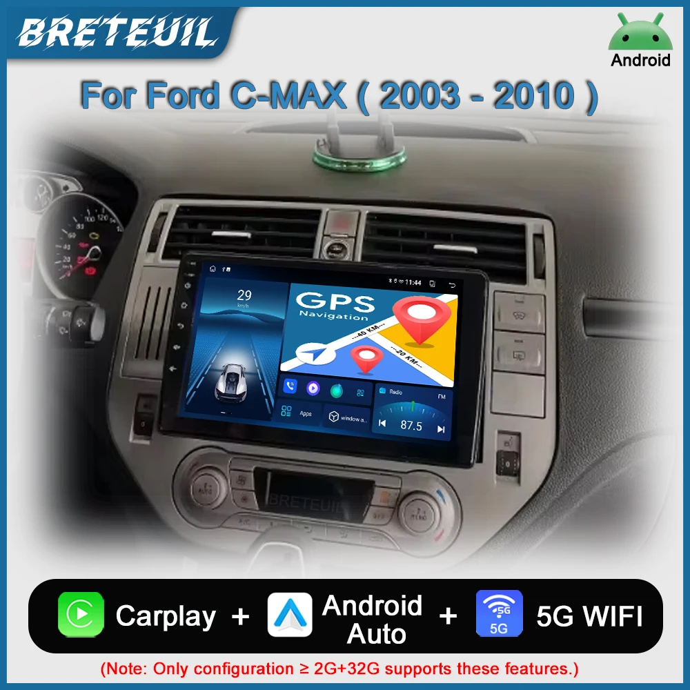 Фото Автомагнитола Android для Ford C-MAX 2003 2004 2005 2006 2007 2008 2009 2010 с GPS-навигацией, CarPlay, сенсорным экраном и интеллектуальными системами. №1