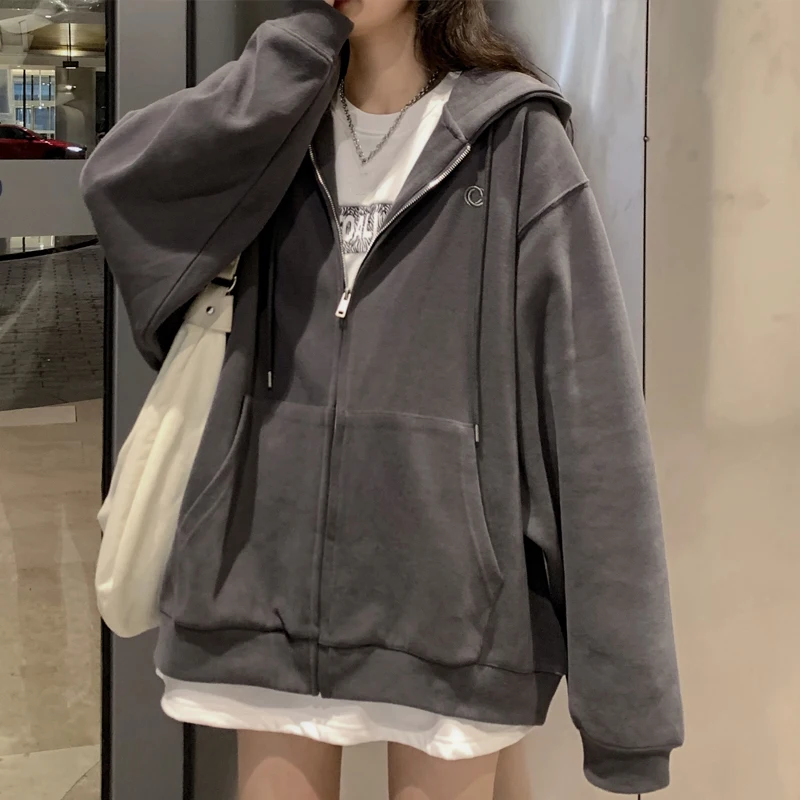 Mulheres estilo coreano hoodies zip-up harajuku oversized sólido bolso com capuz camisolas outono manga longa solto jaqueta de beisebol