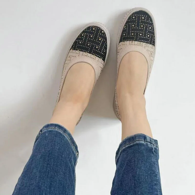 Womens Stretch Knitted Rhinestone Breathable Flat Platform Casual Fisherman's Shoes Slip-on Fashion Ladies Flats Driving Loafers