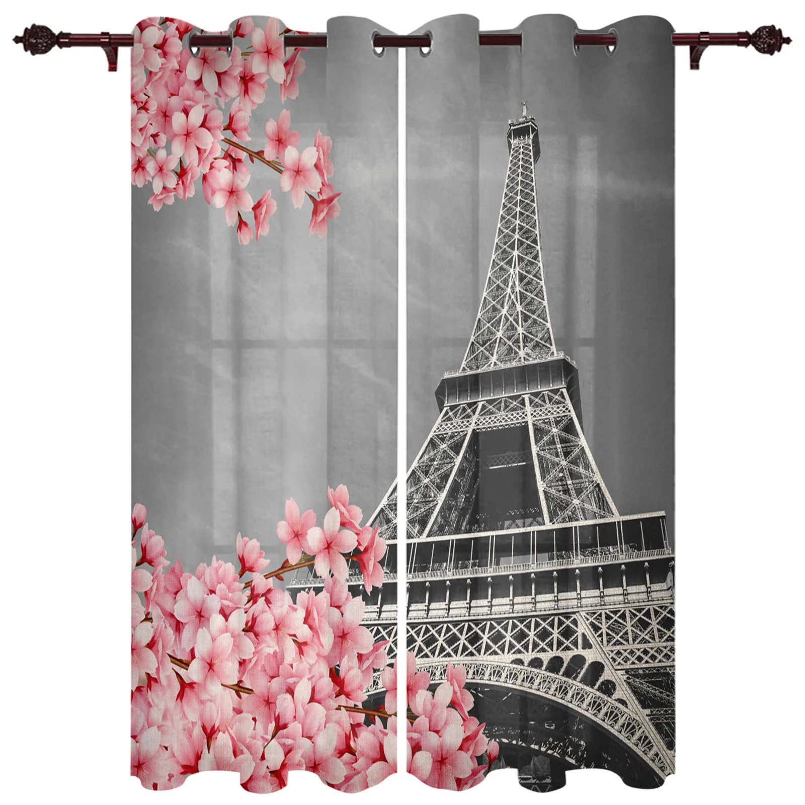 

Cherry Blossom Paris Tower Windows Curtains Living Room Bedroom Window Treatments Household Kitchen Curtains