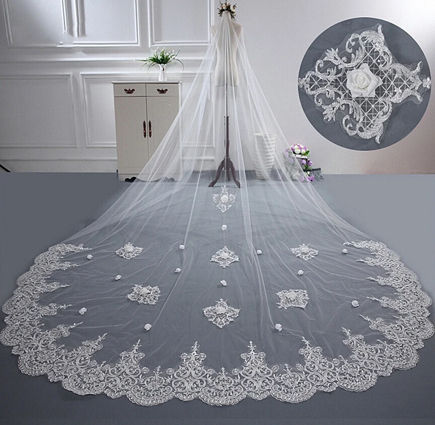 

Cathedral Wedding Veils 4M Ivory Long Bridal Veil Cheap One Layer Lace Edge White Wedding Accessories With Comb Velos De Novia