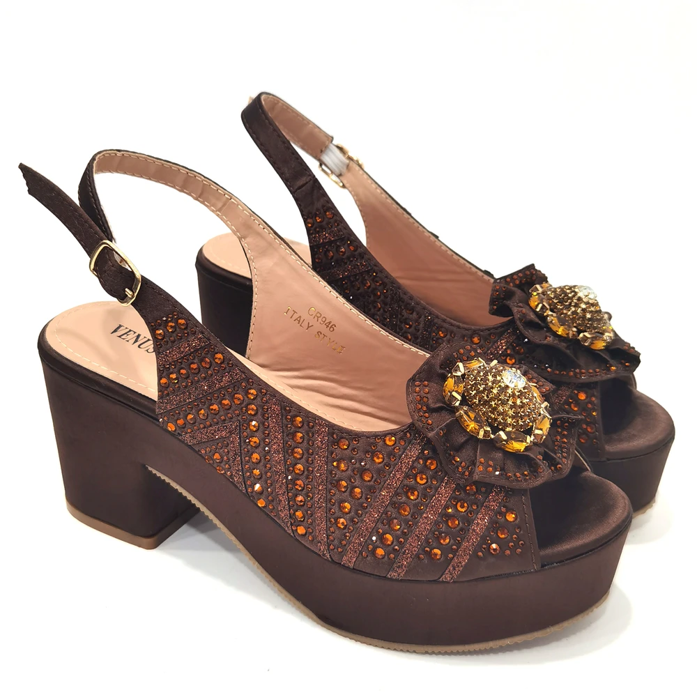 Venus Chan New Italian Design Peach Sparkling Diamond With Pearl Flower Decoration Exquisite Party Ladies Shoes And Bag Set