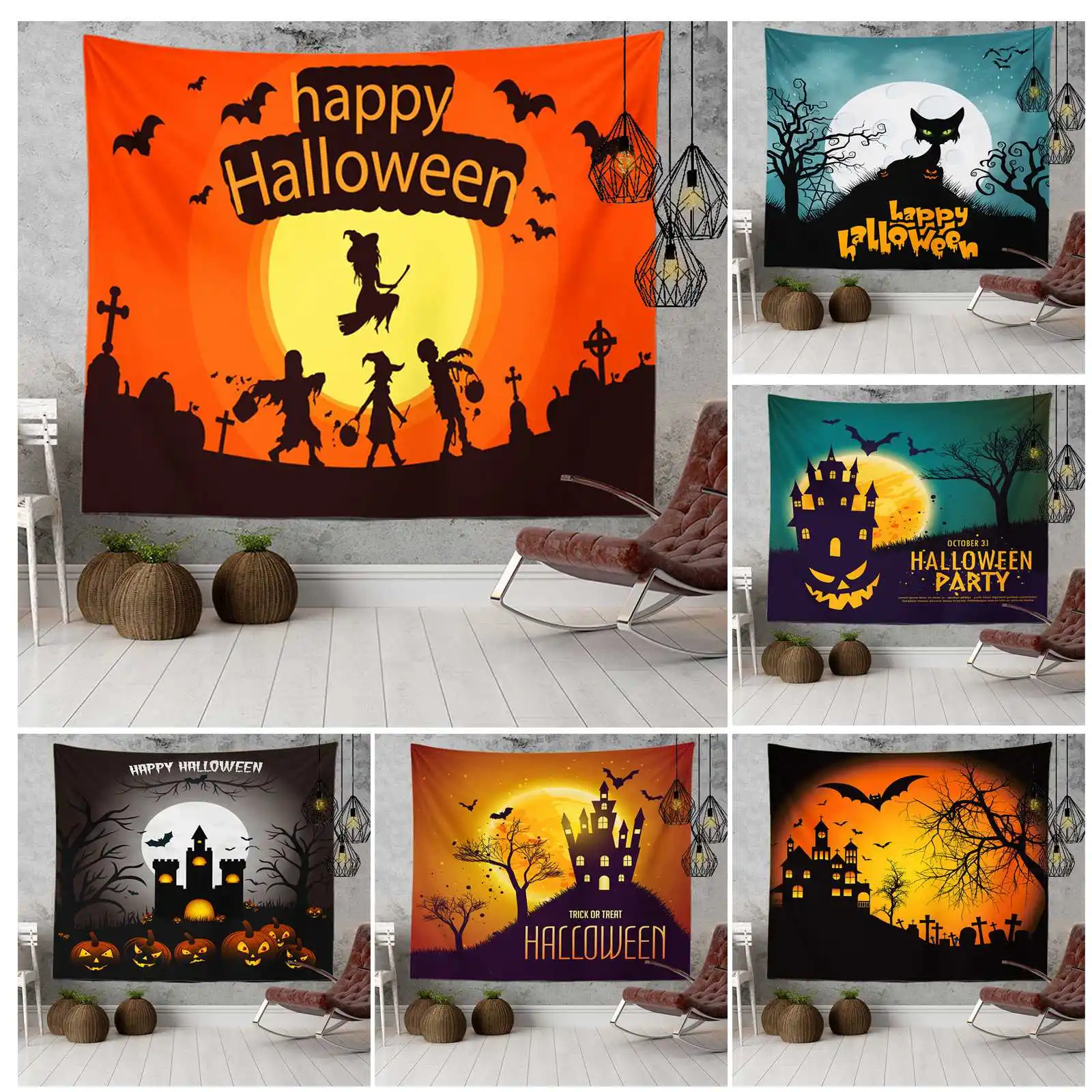 

Гобелен на Хэллоуин, страшный призрак, тыква, фонарь, гобелен, праздничный фон для гостиной, спальни