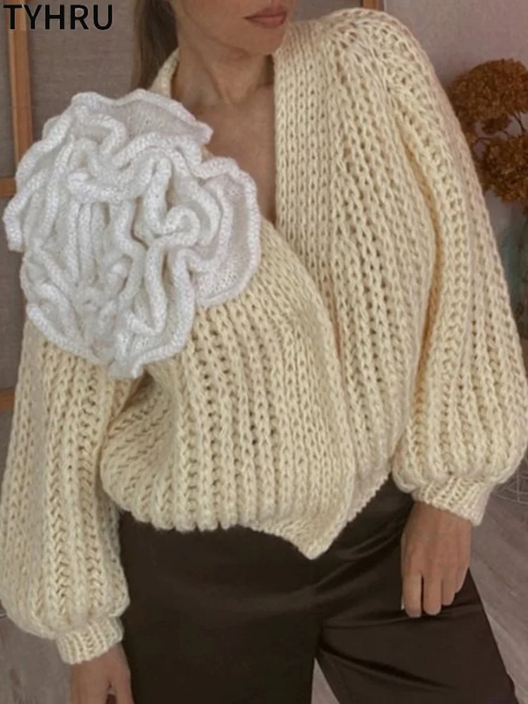 

Элегантный женский вязаный кардиган TYHRU с трехмерным цветочным украшением, свободный модный свитер, пальто