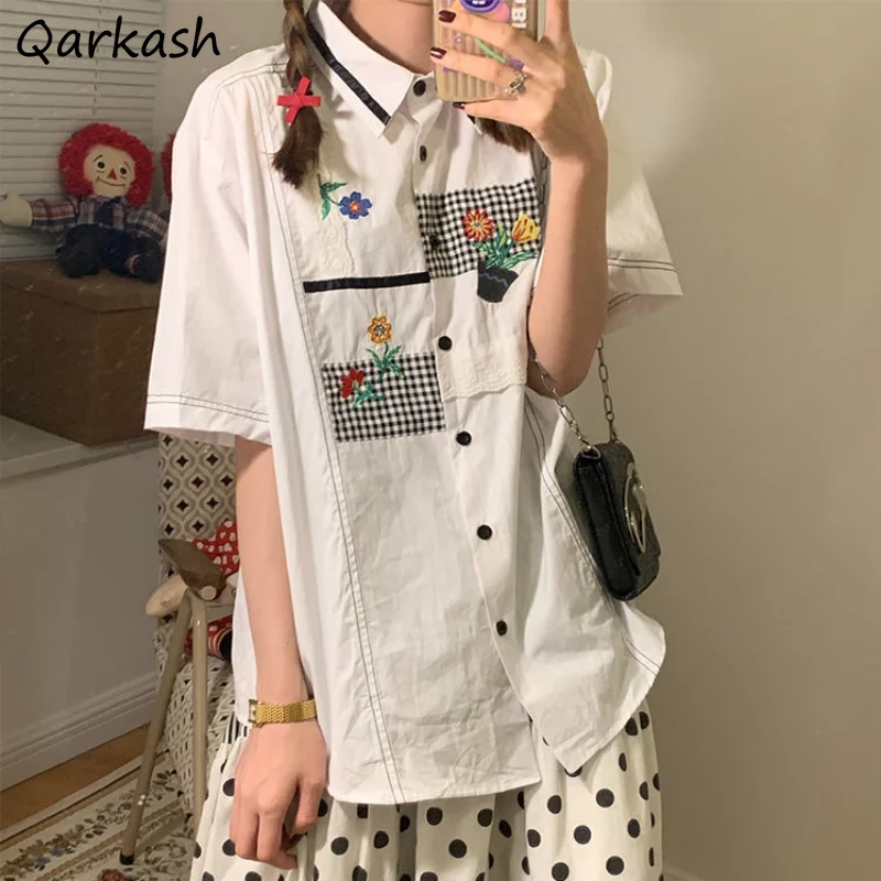 

Embroidery Shirts Women White Streetwear Korean Trendy Personal Teens Harajuku Summer Vintage Temper Aesthetics Camisas Mujer