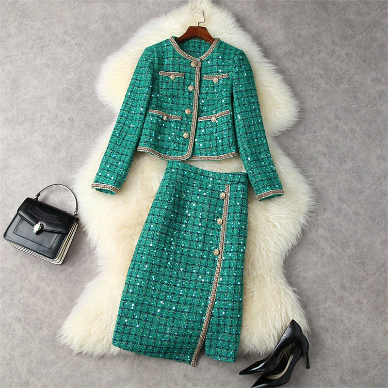 

2022 Autumn Women's Party Suits Sequins Plaid Office Woolen Jacket Coat with Skirt 2 Piece Clothes Runway Winter Tweed Dress Set