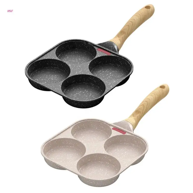 

4 Holes Egg Frying Pan Multifunction Hamburger Round Shape Non Stick Pan Wood Handle Cooking Pan Cooking Utensils Home