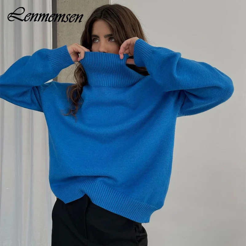 

Зимний Свободный вязаный свитер Lenmemsen, Женская Повседневная Водолазка с длинным рукавом, однотонный пуловер, женский модный кашемировый базовый джемпер