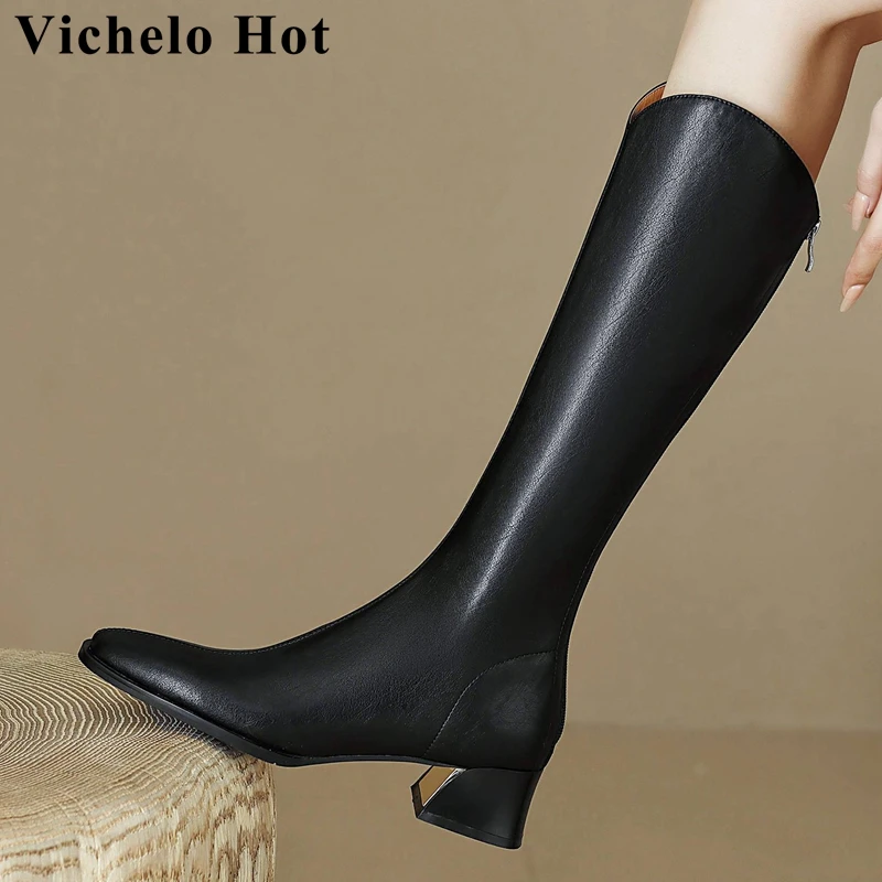 

Популярные длинные сапоги Vichelo из коровьего спилка с круглым носком на среднем каблуке для верховой езды, Простые Вечерние сапоги на молнии ...