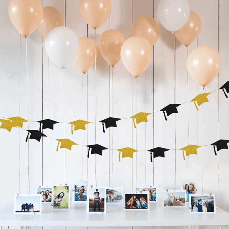 

Black Gold Graduation Bachelor Hat Banner Paper Cap Garlands for School Celebrations 2023 Graduation Party Hanging Decorations