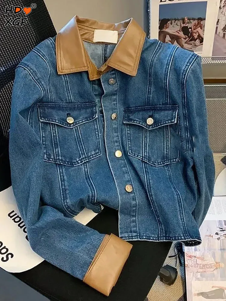

Vintage Patchwork Leather Denim Jacket For Women 2023 Spring Autumn Lapel Single Breasted Short Outerwears Elegant Loose Jackets