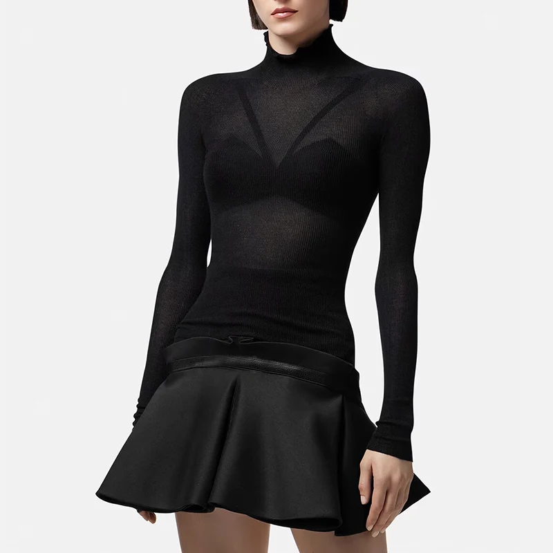 

Металлический декоративный шерстяной маленький вязаный свитер с высоким воротом пикантный слегка прозрачный эластичный облегающий черный женский свитер