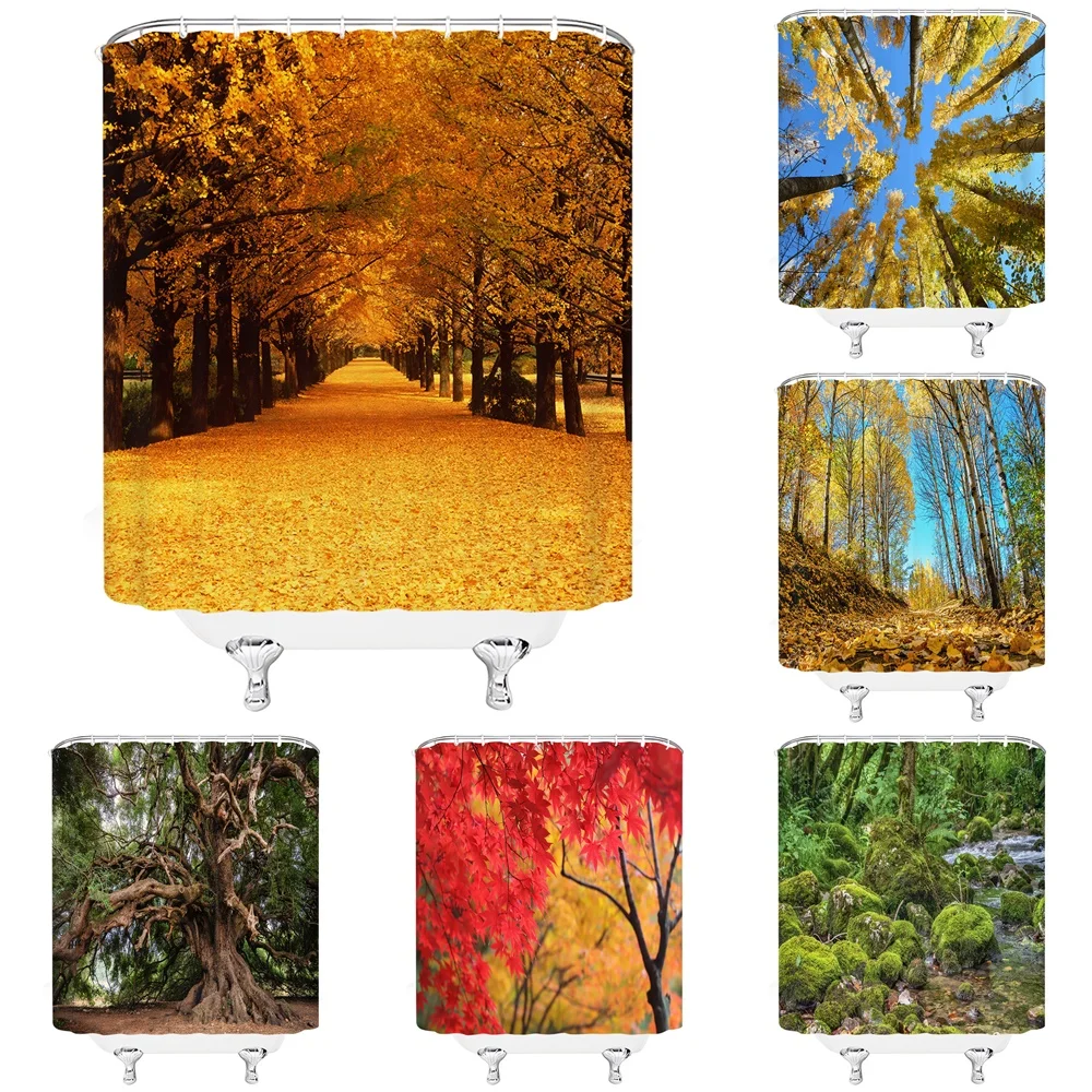 

Autumn Forest Shower Curtain Fall Trees Natural Landscape Falling Maple Leaf Road Rainforest Scenery Bathroom Decor Curtains Set