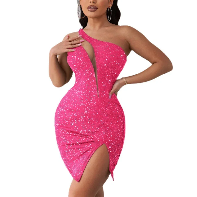 Women Mini Sequined Evening Party Dress  Hollow One Shoulder Sleeveless Slim Sexy Fashion Nightclub Cocktail Dresses