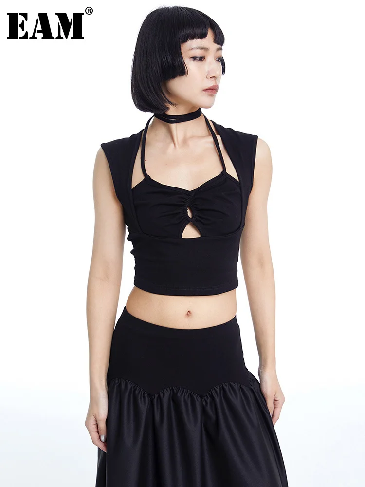 

[EAM] Women Black Bandage Cut-out Tank Tops New Square Collar Sleeveless Personality Fashion Tide Spring Summer 2023 1DF8213