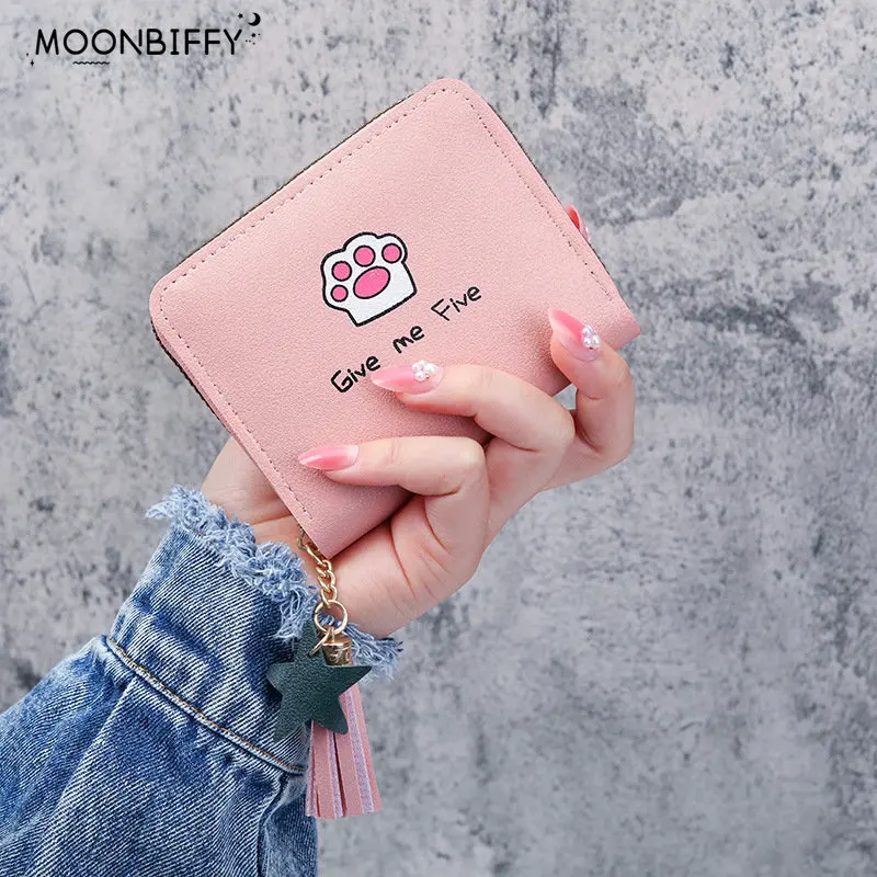 

Кошелек с кисточкой и молнией, модный короткий Повседневный студенческий чехол с милым рисунком кота и лапы, дизайнерский женский бумажник,...