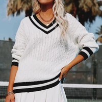 england style black and white striped sweater spring autumn women v neck loose casual pullovers preppy style tennis knit sweater