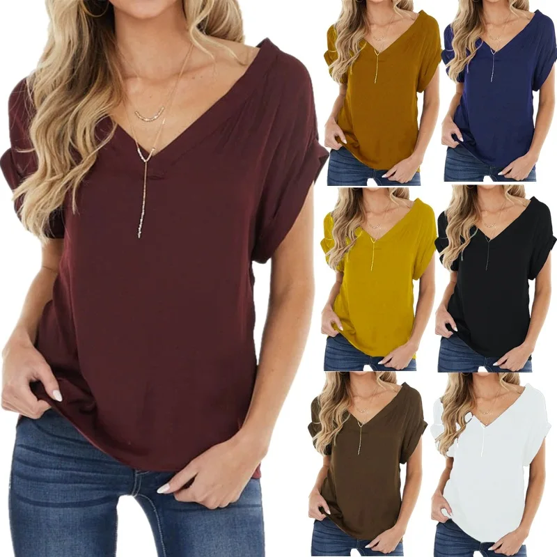 

2021 Spring and Summer Women's New V-neck Open Back Sexy Short-sleeved Plus Size Women's T-shirt