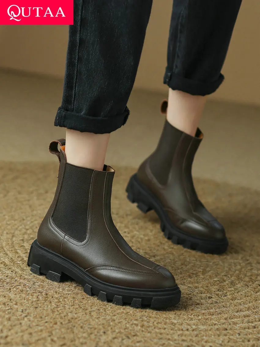 

QUTAA 2023 Women Med Heels Ankle Boots Round Toe Genuine Leather Office Lady Dress Autumn Winter Slip On Shoes Size 34-39