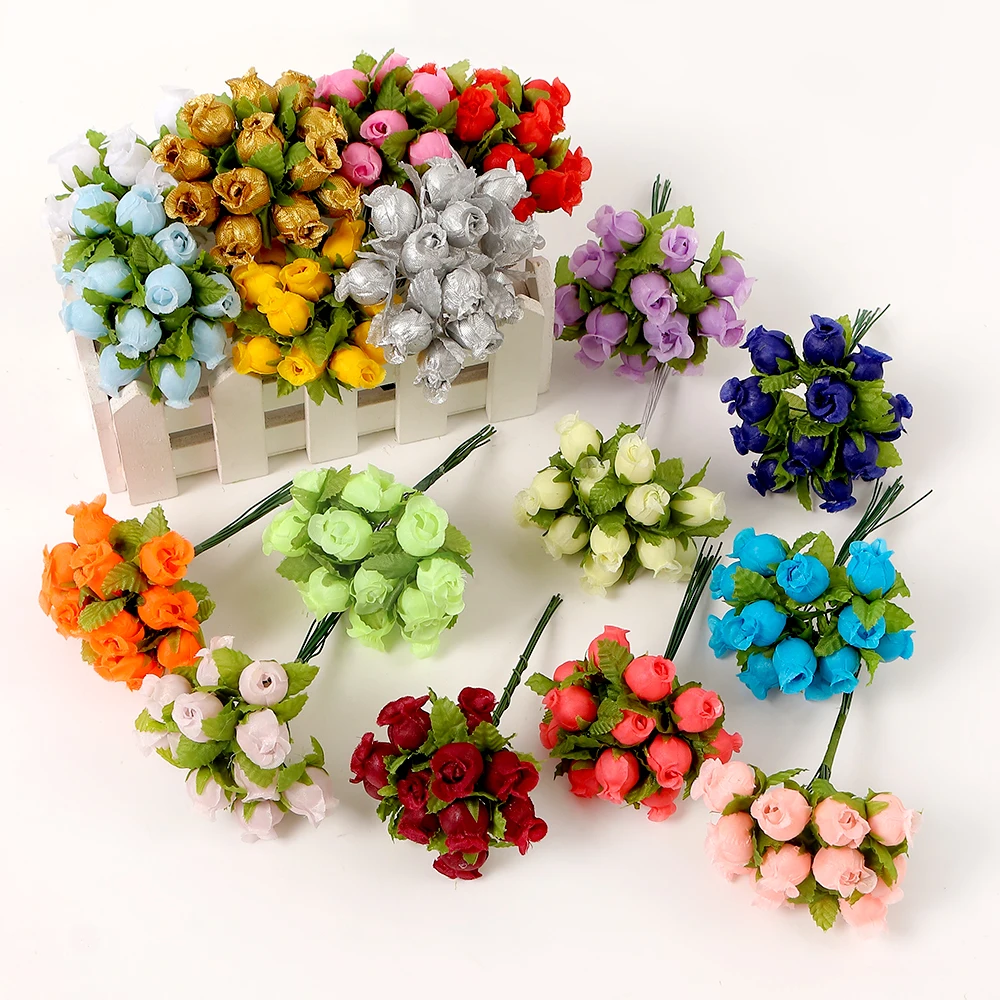 12heads/Bundle 2cm Artificial Flowers Silk Rose Mini Bouquet For Christmas Home Wedding New Year DIY Wreath Gift Box Decorations