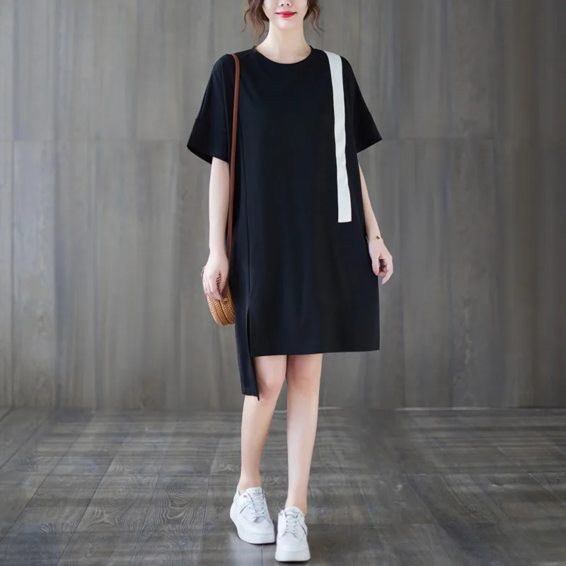 

#3362 Black Irregular T Shirt Women Short Sleeves Spliced Color Sexy Straight T-shirt Dresses Knee-length O-neck Loose Summer