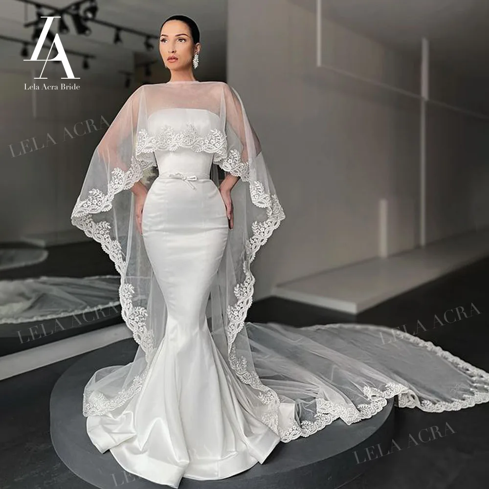 

LelaAcra 2 In 1 With Jacket Wedding Dress 2022 Simple Satin Strapless Sashes Mermaid Princess Bride Gown LS07 Vestido de Noiva