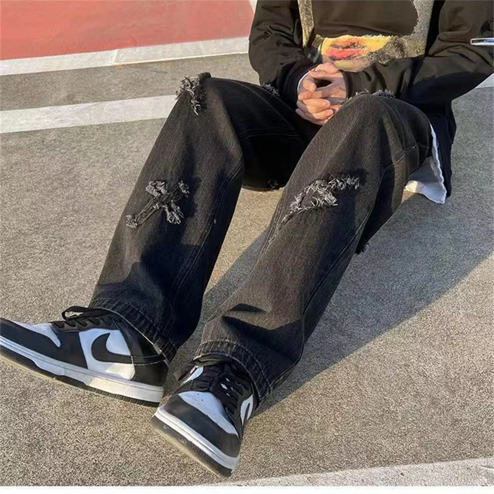 Popular Men's Denim Pants Fashion Loose Wide Leg Casual Streetwear Printed Cross Trousers jeans Pants Baggy Men Jeans