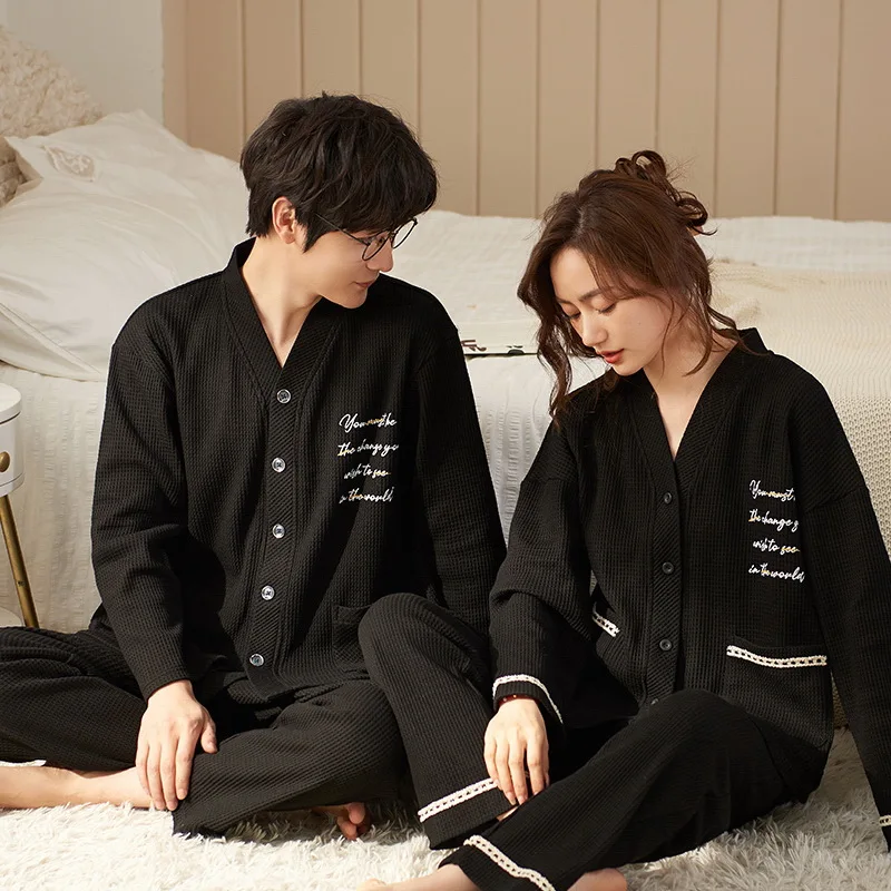 Couples Nightwear Men's Cotton Pajamas Set Kimono V Neck Women Pijamas Suit Autumn Home Clothes Japan Pjs Loungwear Freeship