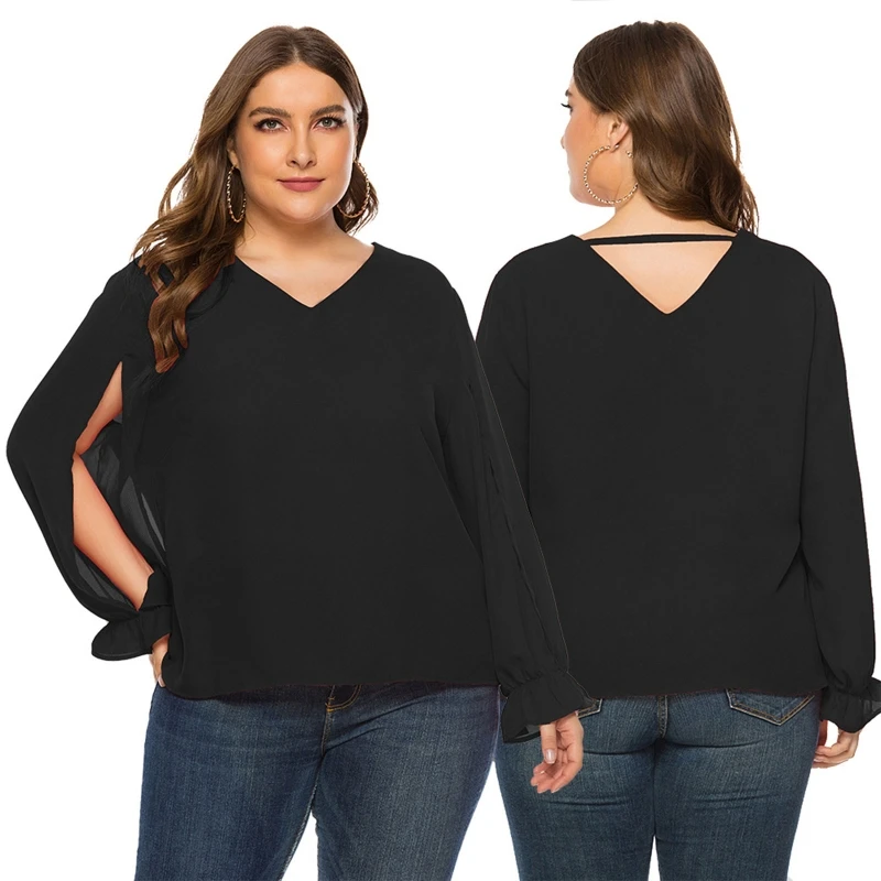 

Temperament Women Summer Casual Shirts Plus Size Long Sleeve V-neck Solid Loose Blouse for Vacation Party Dating Travel