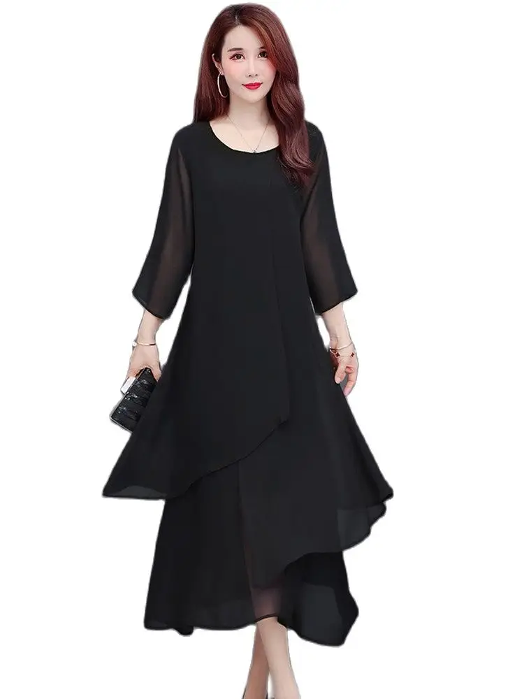 

Women Chiffon Long Dress Summer 2022 New Fashion Elegant Black Dresses Ruffles Loose Full Dress Female