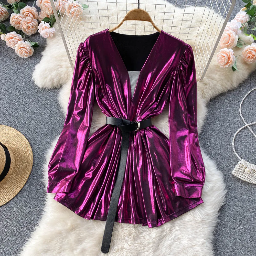 

Женское модное пикантное платье в европейском и американском стиле с V-образным вырезом и пышными рукавами, женское плиссированное платье с...