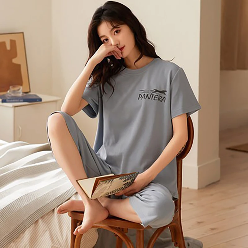 Autumn Thin 2pieces Pyjamas Set Women 2022 Cotton Round Neck Girls Pajamas Sets Teacup Cat Full Sleepwear Clothess Sleep Tops