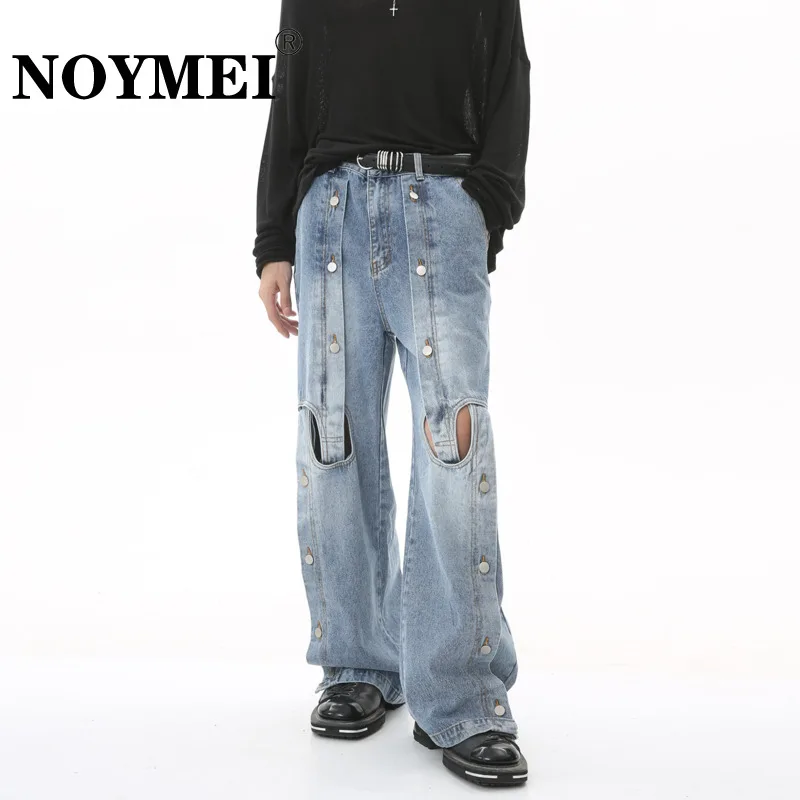 

NOYMEI Metal Breasted Patchwork Hole Design Hip Hop Denim Straight Pants Solid Color American Niche High Street Male Jean WA1884