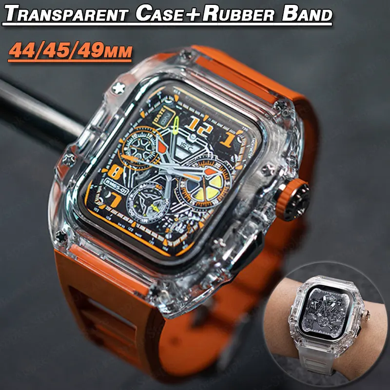 

Transparent Mod Kit Case For Apple Watch 49mm 45MM 44MM Fluororubber Band For iWatch Series Ultra 8 7 6 5 4 SE Silicone Strap