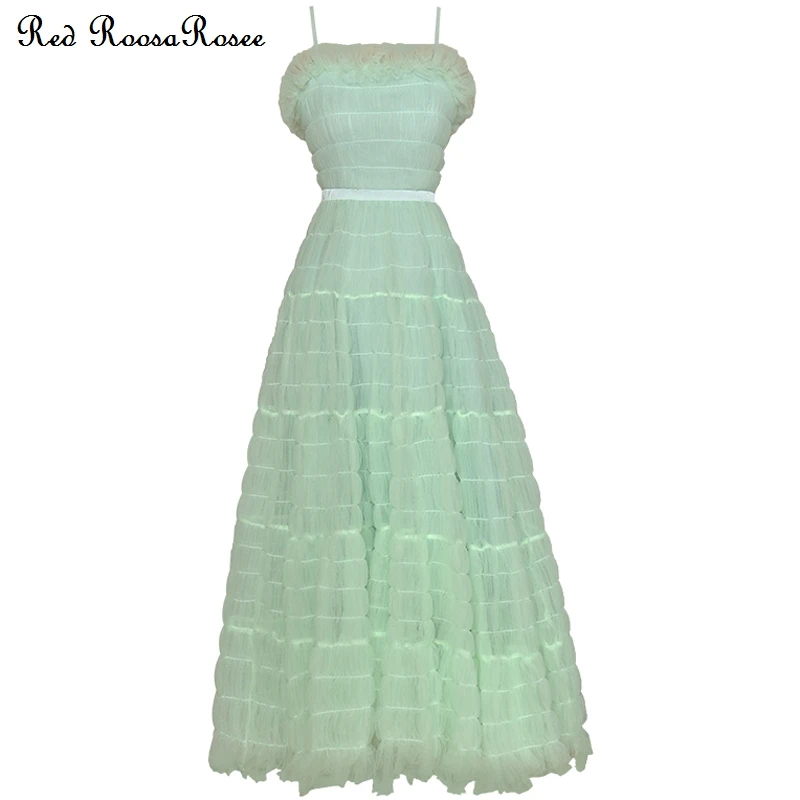 

Red RoosaRosee Green Pink Strap Sleeveless Draped Ruffles Dress Female Vestidos Robe Femme Fashion Summer 2022 Women Designer