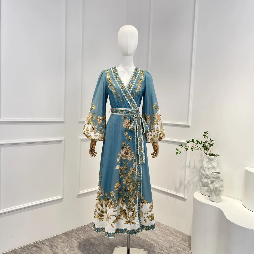 

Женское винтажное платье средней длины, голубое платье с запахом и рукавами-фонариками, весна-лето 2023