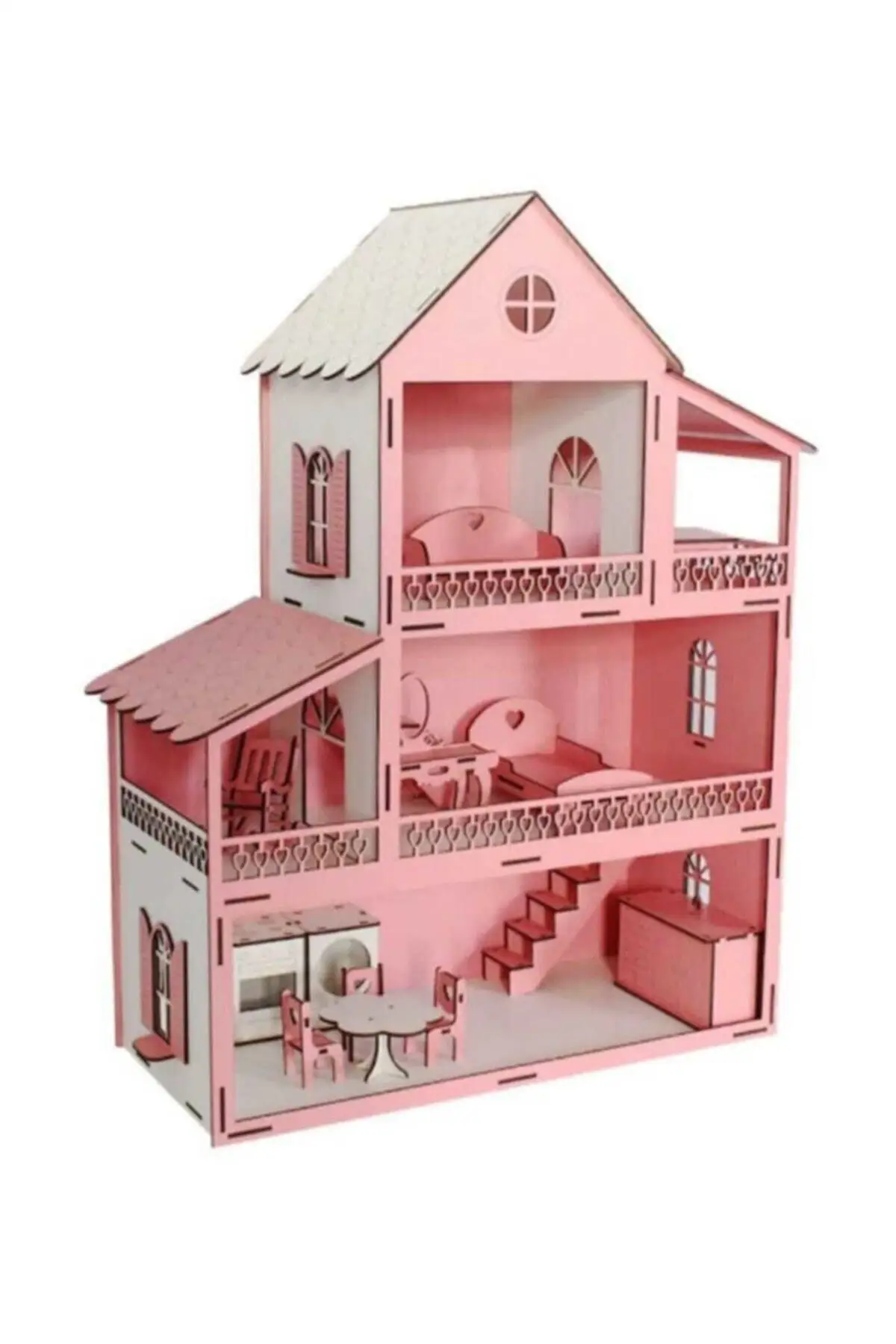 

Деревянный игровой домик розового цвета для девочек ручной работы стильный 3-этажный кукольный домик для 2-4 лет красивый дизайн со светодио...