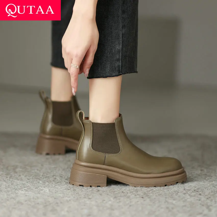 

QUTAA/2023 женские ботильоны для отдыха зимние слипоны из натуральной кожи на платформе с круглым носком на среднем квадратном каблуке Женские ...