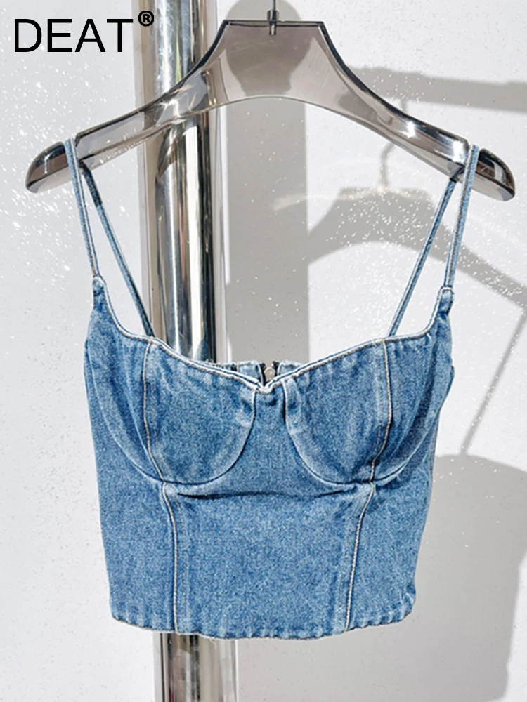 

Женская джинсовая майка без рукавов DEAT, синяя облегающая кофта на молнии, без бретелек, в стиле пэчворк, модель 29L237 на лето, 2023
