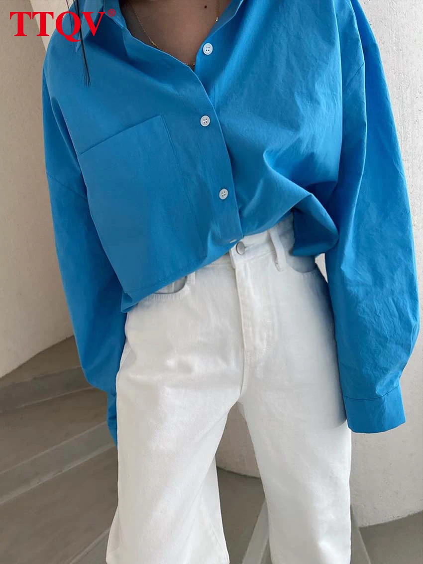 

TTQV Casual Blue Loose Woman Blouses Autumn Elegant Turn-down Collar Button Office Lady Top Fashion Simple Solid Female Clothing