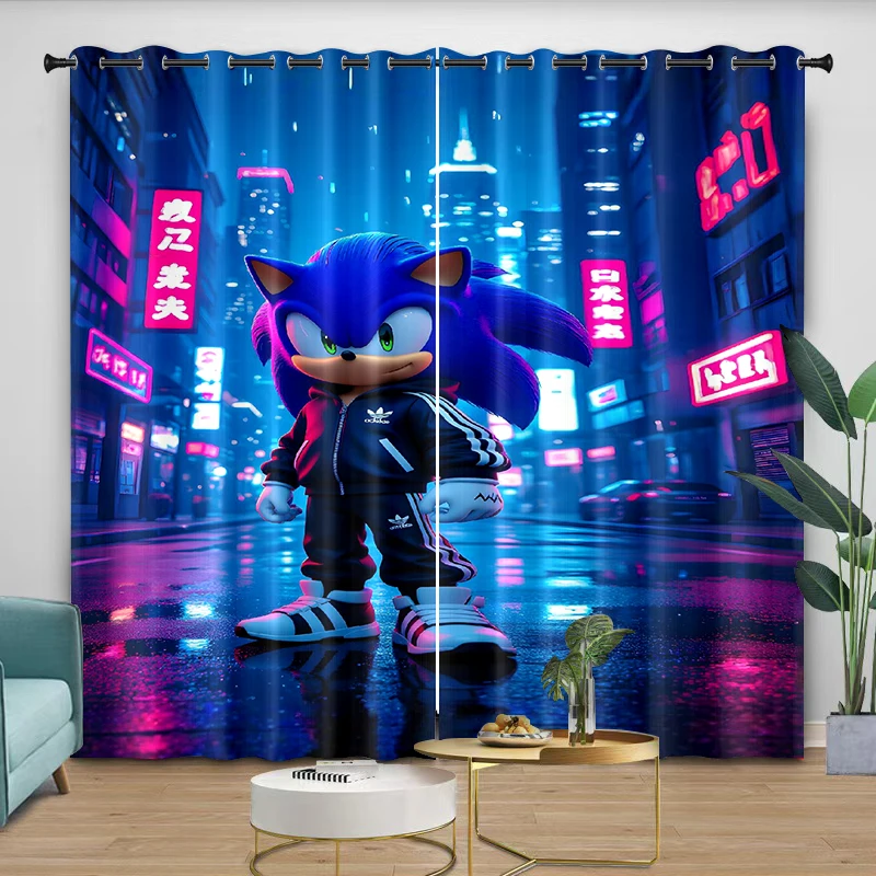 Фото Шторы Sonic с мультяшным цифровым принтом для спальни, гостиной, кухни, защищающие от света, с креплением на кронштейн, 2 штуки №5