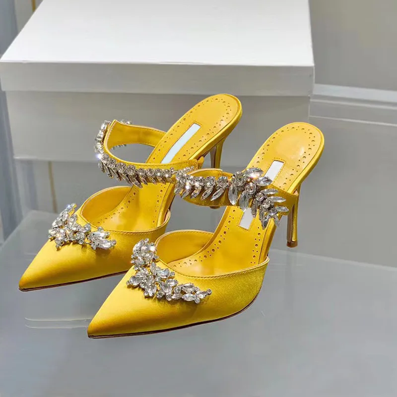 

Women's Glamourous Lurum Luxury Crystal-embellished Mules Designer Eye-catching Satin Sprigs Female Summer Party stiletto 9.5cm